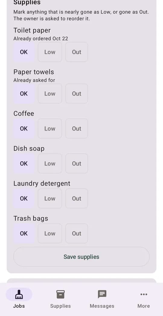 Supplies, with items already ordered