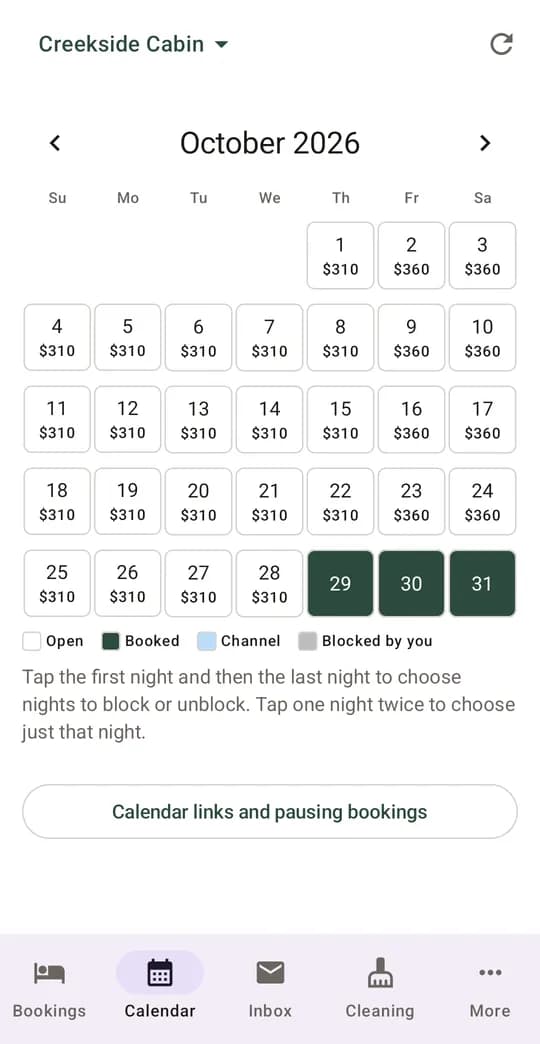 The calendar with nightly prices